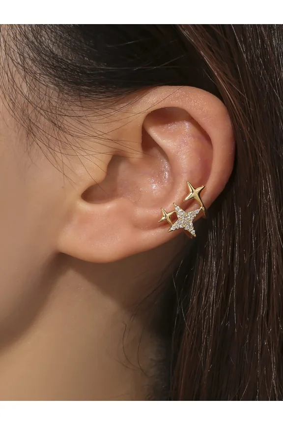 Star Shape Cubic Zirconia Ear Cuff In Yellow Gold Tone, 1 Piece