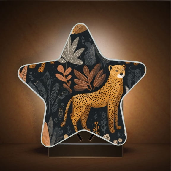 Star Shape LED Night Light with Auto Sensor Plug in Nightlights for Home Decor Cheetahs and Jungle Foliage Pattern
