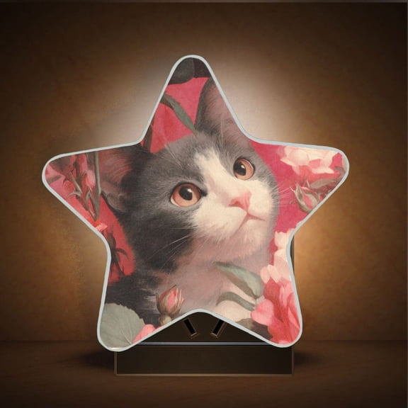 Star Shape LED Night Light with Auto Sensor Plug in Nightlights for Home Decor Gray-white Cat with Rose