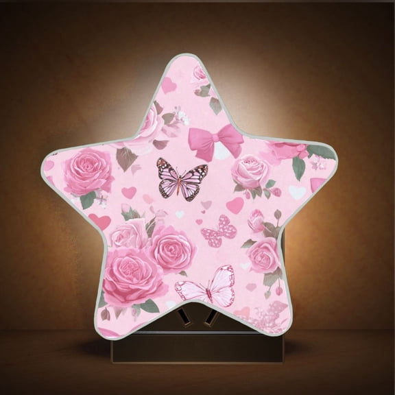 Star Shape LED Night Light with Auto Sensor Plug in Nightlights for Home Decor Pink Roses and Butterflies