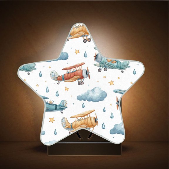 Star Shape LED Night Light with Auto Sensor Plug in Nightlights for Home Decor Watercolor Airplane Pattern