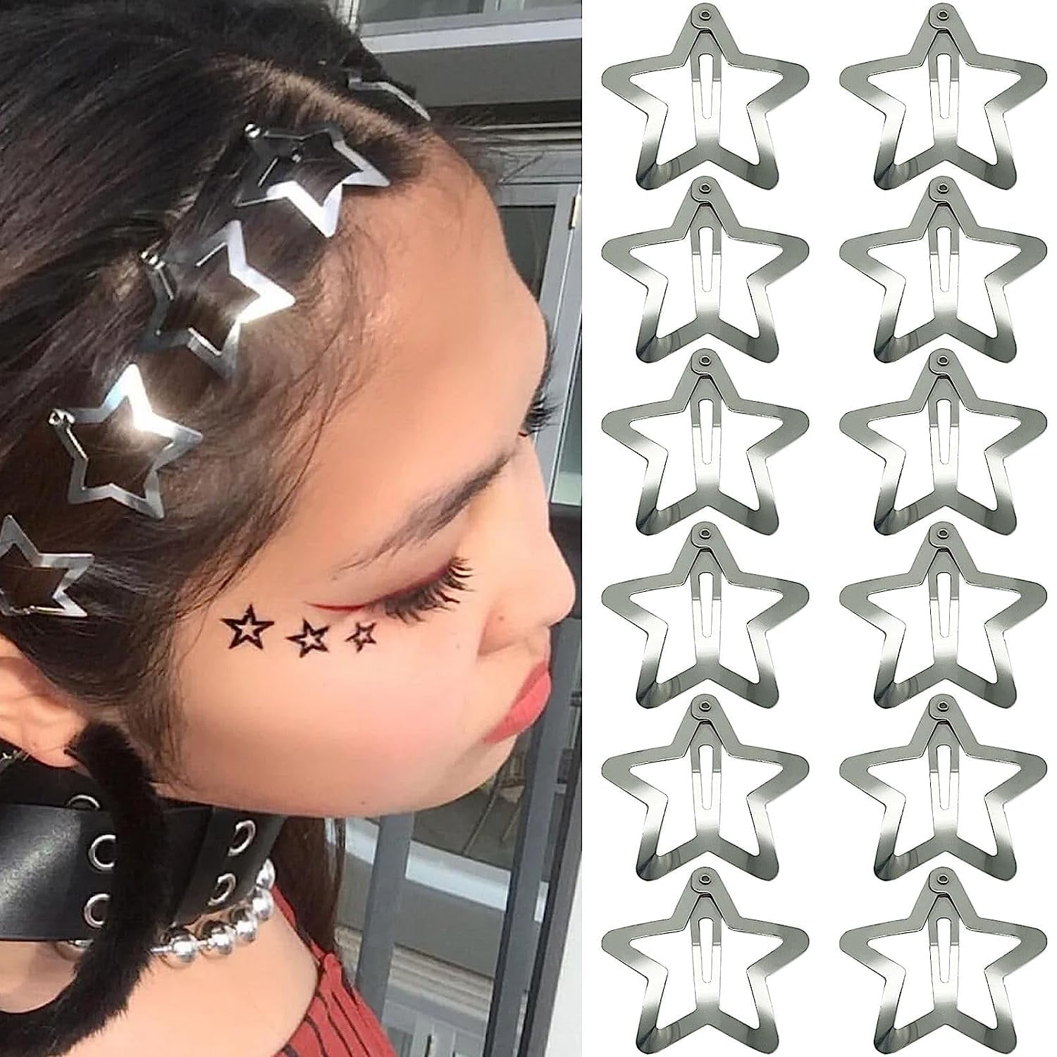 Star Shaped Hair Clip Silver Metal Non Slip Barrettes 12 Pcs for Women/Girls（1.58 Inch）