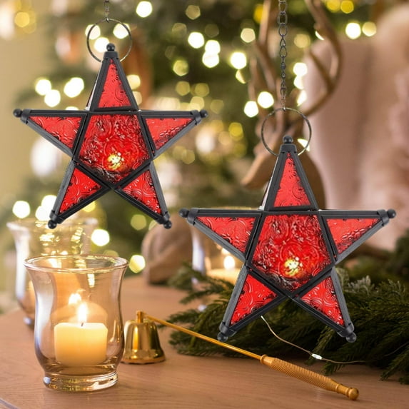 Star Shaped Windproof Candle Holder Iron and Stained Glass Lantern with 9 Inch Chain for Outdoor Indoor Holiday Decor in Multiple Colors