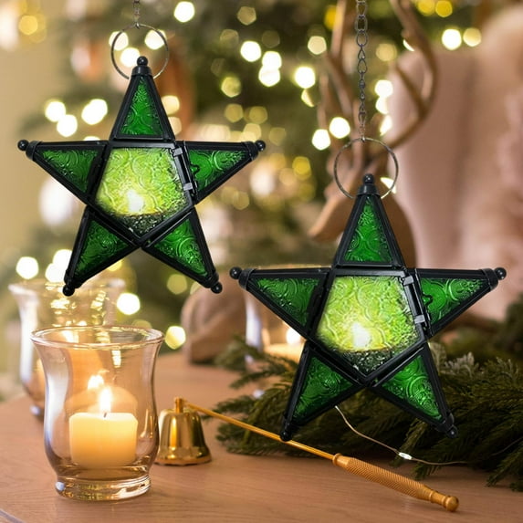 Star Shaped Windproof Candle Holder Iron and Stained Glass Lantern with 9 Inch Chain for Outdoor Indoor Holiday Decor in Multiple Colors