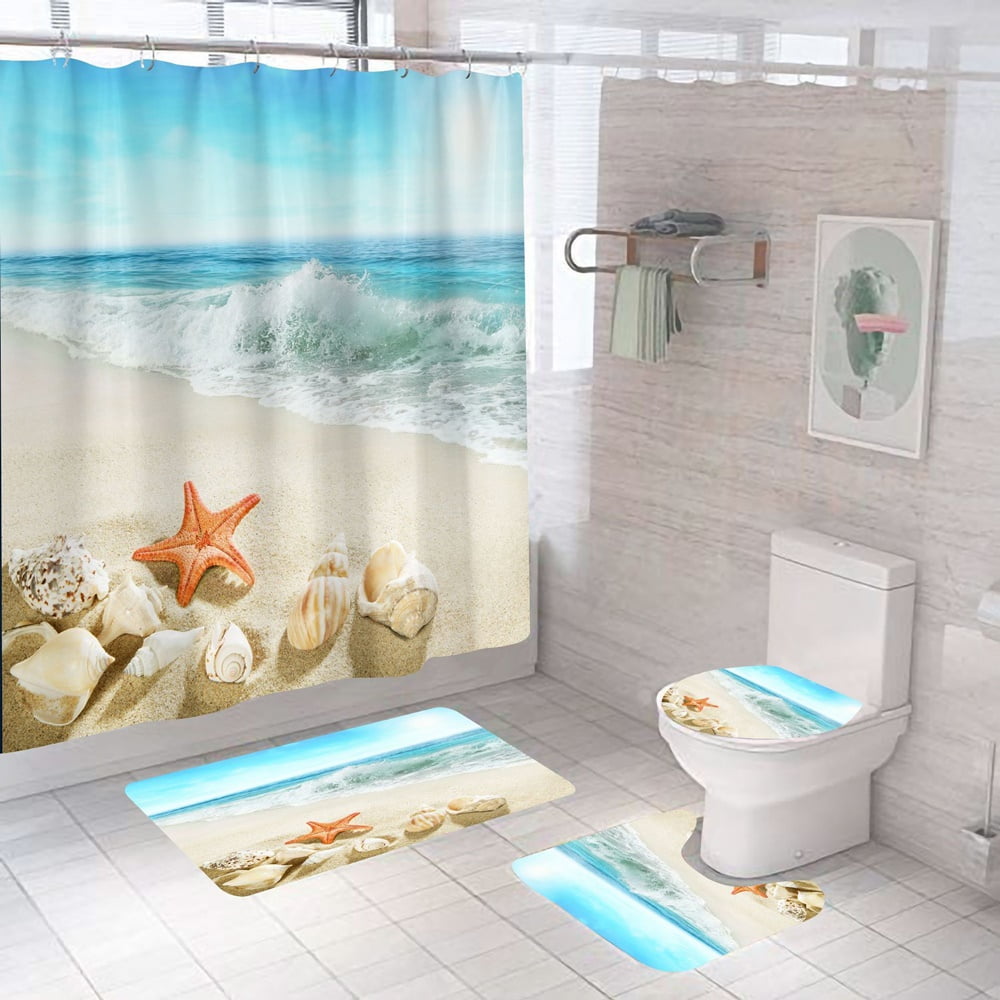 Star Shower Curtain Set Beach Seashell Coastal Conch Sea Wave Rock ...