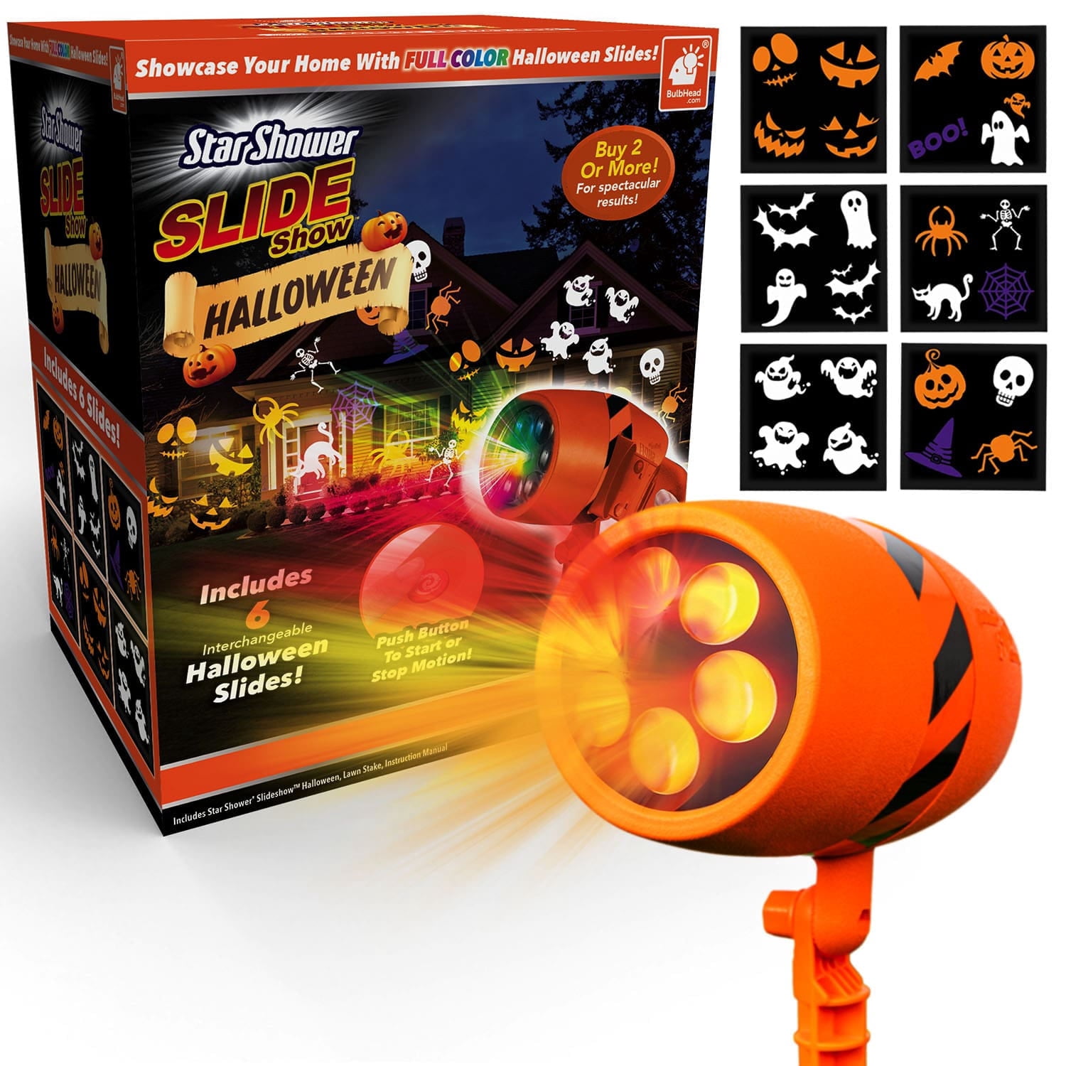 Star Shower Show LED Projector, AS SEEN ON TV, Showcase Your Home with Full-Color Holiday, Use 2 or More for Spectacular Results, Hassle-Free, Includes 6 Halloween Slides, 7 in, Orange