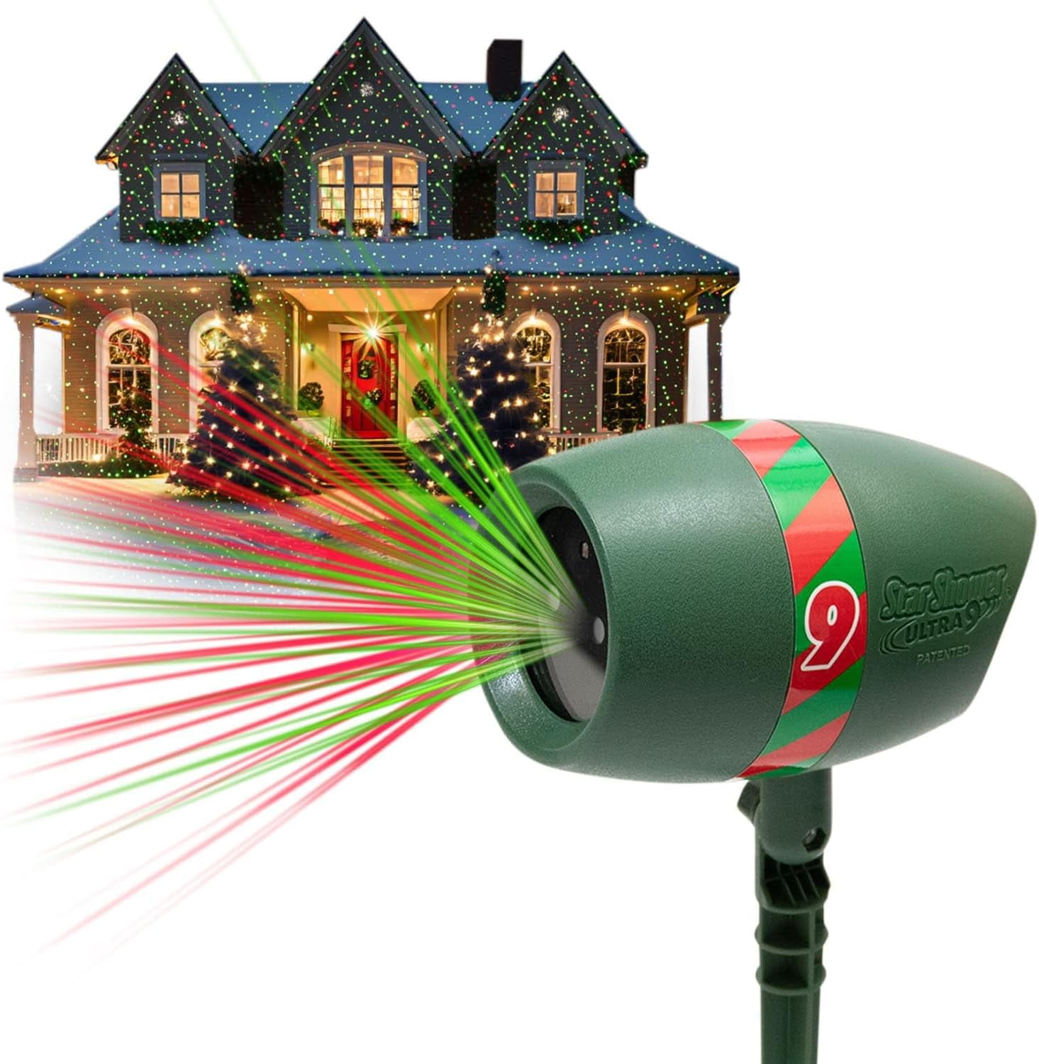 Star Shower Ultra 9 Outdoor Laser Light Show, AS-SEEN-ON-TV, New 9 Unique Patterns, Showers Home w/Thousands of Lights, 3 Color Combinations, Motion or Still, Up to 3200 Sq Ft, Holiday Projector