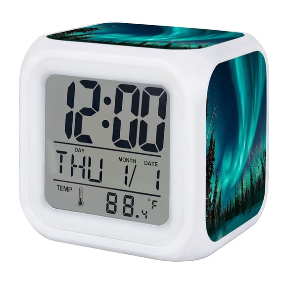 Star Sky Digital Alarm Clock for Bedrooms, Smart LED Alarm Clock with 7 Color Changing Night Light, Turquoise Lights Natural Night Scenery Silent Wake Up Clocks for Sleep Study Cooking 3.2"x3.2"