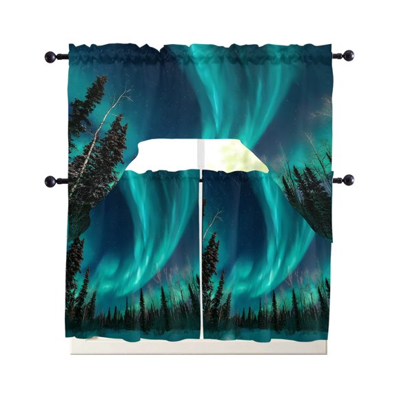 Star Sky Kitchen Curtains Set for Windows 3 Piece Cafe Curtains 36 Inch Length Swag Curtains Valances and Tier Set Turquoise Lights Natural Night Scenery Drapes for Bedroom Bathroom Living Room