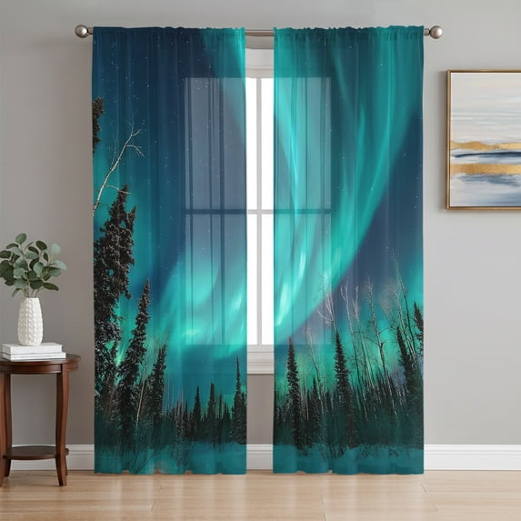 Star Sky Sheer Curtains 72 Inch Length 2 Panels Set, Turquoise Lights Natural Night Scenery Voile Window Treatment Rod Pocket Curtains Sheers Drapes for Bedroom/Living Room/Kitchen 52"x72"x2
