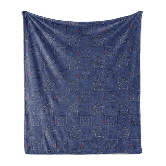 Star Soft Flannel Fleece Blanket, Denim Style Pattern with Hearts and Geometric Motifs on Stripes Background, Cozy Plush for Indoor and Outdoor Use, 50" x 60", Navy Blue Marigold Red, by Ambesonne