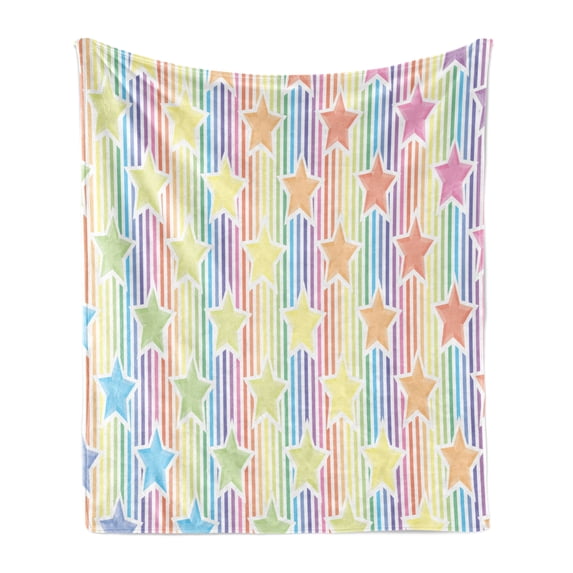 Star Soft Flannel Fleece Blanket, Rainbow Stars on Colorful Striped Pattern Artwork Abstract Teen Room Playroom Concept, Cozy Plush for Indoor and Outdoor Use, 70" x 90", Yellow Blue, by Ambesonne