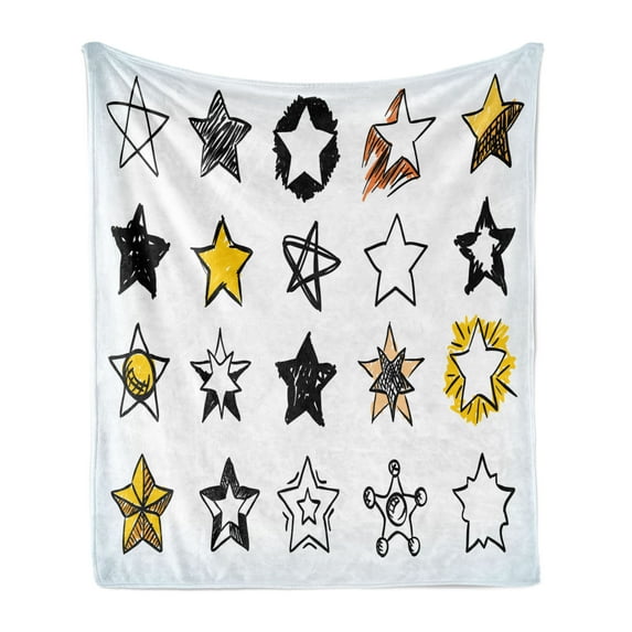 Star Soft Flannel Fleece Throw Blanket, 16 Stars Hand Drawn Style Colorful Art Rock Punk Themed Teen Room Design, Cozy Plush for Indoor and Outdoor Use, 60" x 80", Yellow White, by Ambesonne