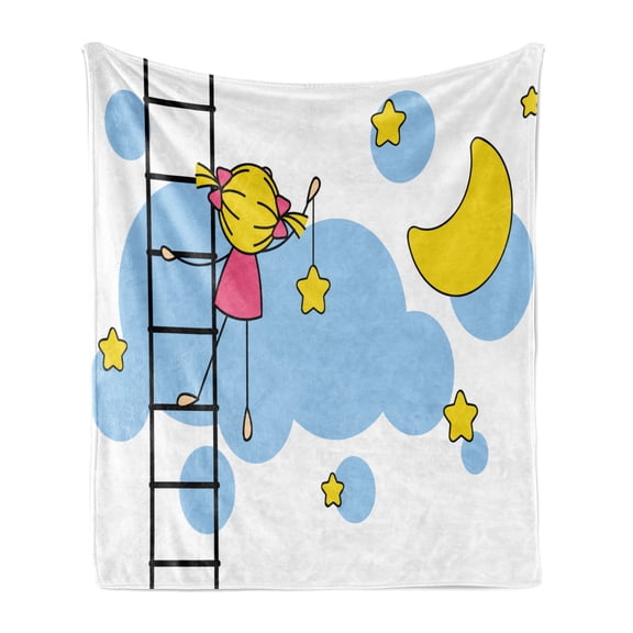 Star Soft Flannel Fleece Throw Blanket, Girl on Ladder Hanging a Star in the Night Sky with Half Moon Cartoon Picture, Cozy Plush for Indoor and Outdoor Use, 50" x 60", Yellow Blue, by Ambesonne