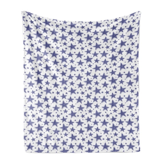 Star Soft Flannel Fleece Throw Blanket, Hand Drawn Illustration of 5 Pointed Doodle Style Stars Geometric Pattern, Cozy Plush for Indoor and Outdoor Use, 70" x 90", Violet Blue White, by Ambesonne