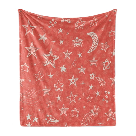 Star Soft Flannel Fleece Throw Blanket, Moon and Stars Theme Pattern Starry Night Shooting Stars Space Galaxy Kids Style, Cozy Plush for Indoor and Outdoor Use, 50" x 70", Coral White, by Ambesonne