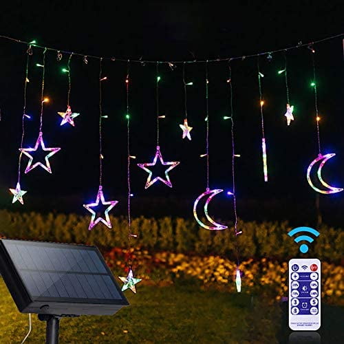 Star Solar Lights Outdoor 138LED Solar Powered Curtain Lights Window Lights Solar Led String Lights Twinkle Star Moon Fairy Lights for Backyard Garden