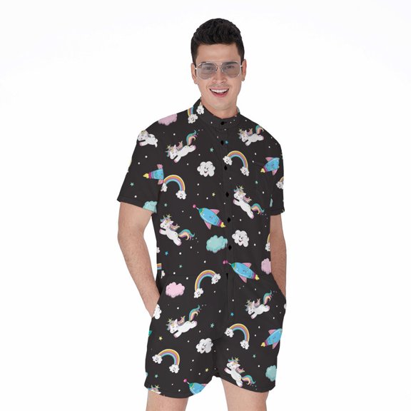 Star Space Unicorn Pattern Short Sleeve Men'S Rompers Casual Summer Jumpsuits Outfit