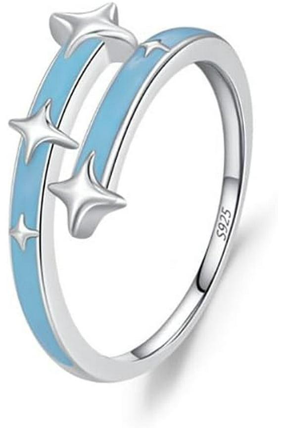 Star Sterling Silver Ring for Women Blue Enamel Meteor Engagement Promise Band Open Statement Rings Expandable