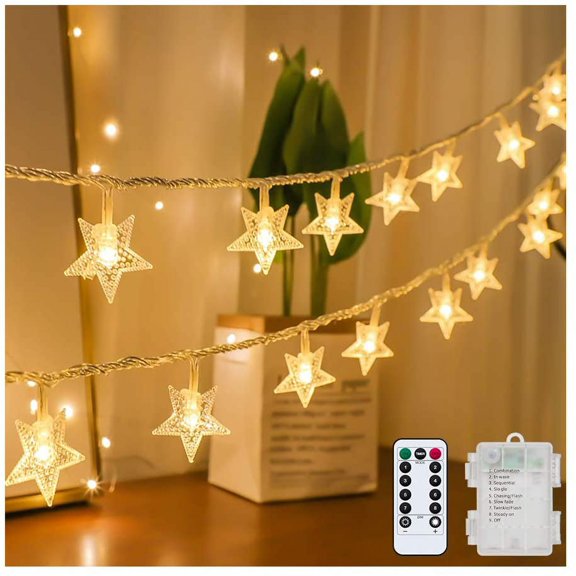 Star String Lights Battery Operated Waterproof 40 LED 20 FT Star Fairy String Lights with Remote Control for Home, Party, Christmas, Wedding, Garden Decoration, Warm White