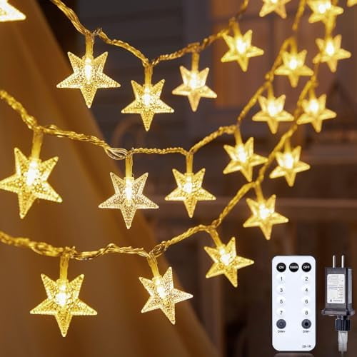 Star String Lights Plug in - 33 ft 100 LED Star Fairy String Lights with Remote and Timer, Waterproof for Bedroom Porch Wedding Party Patio Garden Tent Indoor Outdoor Décor, Warm White