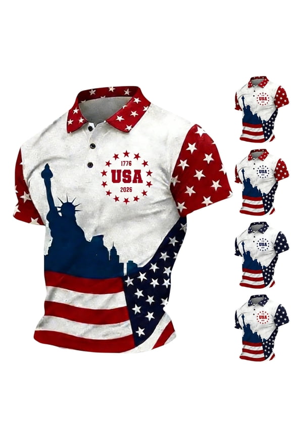 Star Stripe American Flag Polo Shirts for Men 1776-2026 Print Patriotic Regular Fit Short Sleeve Button Up Independence Day Golf Polo Shirts, #01 Red, 3XL