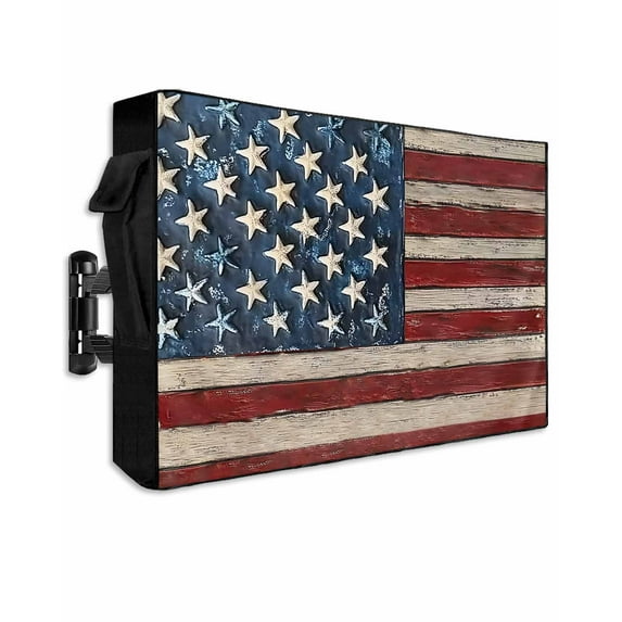 Star Striped Flag Outdoor TV Cover 52 to 55 Inch Weatherproof, Vintage Wood Grain Abstract Red Blue 600D Oxford TV Covers with Waterproof Zipper, Outside Flat TV Screen Protector Size 52"Wx19"Hx4.5"D
