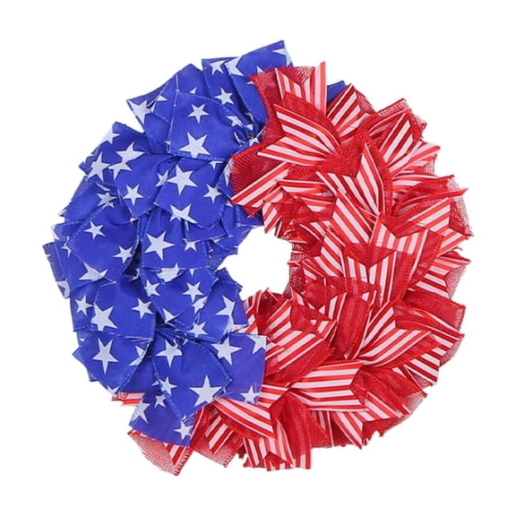 Star Striped Patriotic Fabric Wreath, Red White Blue Rag Garland Ornament, 4th Of July Soft Cloth Ring for Home Front Door Indoor Holiday Atmosphere Decor