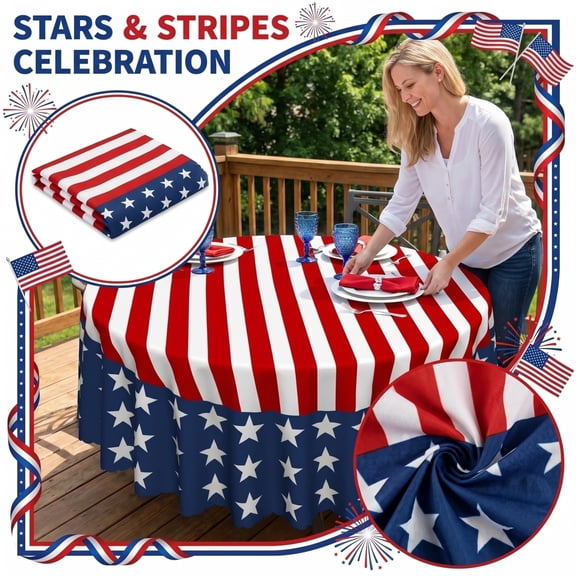 Star Striped Round Tablecloth Washable Stain Resistant Table Cover Patriotic Theme Soft Fabric Material for Home Restaurant Party Circular Table Desktop Decoration Layout