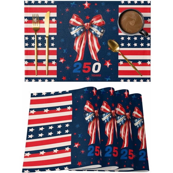 Star Stripes Bow 250 Years Placemats Set of 2, Retro Red Blue Stars Blue Table Mats Washable Heat-Insulation Non-Slip Place Mats for Kitchen Dinner Table Indoor Outdoor Decor