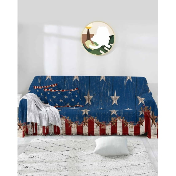 Star Stripes Flag Sofa Covers for 3 Cushion,Washable Couch Cover for Sectional Sofa Slipcovers with Tassel,Rustic Shabby Chic Wood Grain Loveseat Covers Futon Cover Throw Blanket 71''x118''