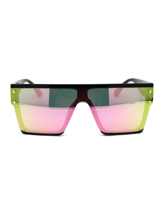 Star Stud Trim Robotic Shield Flat Top Plastic Sunglasses Black Peach Mirror
