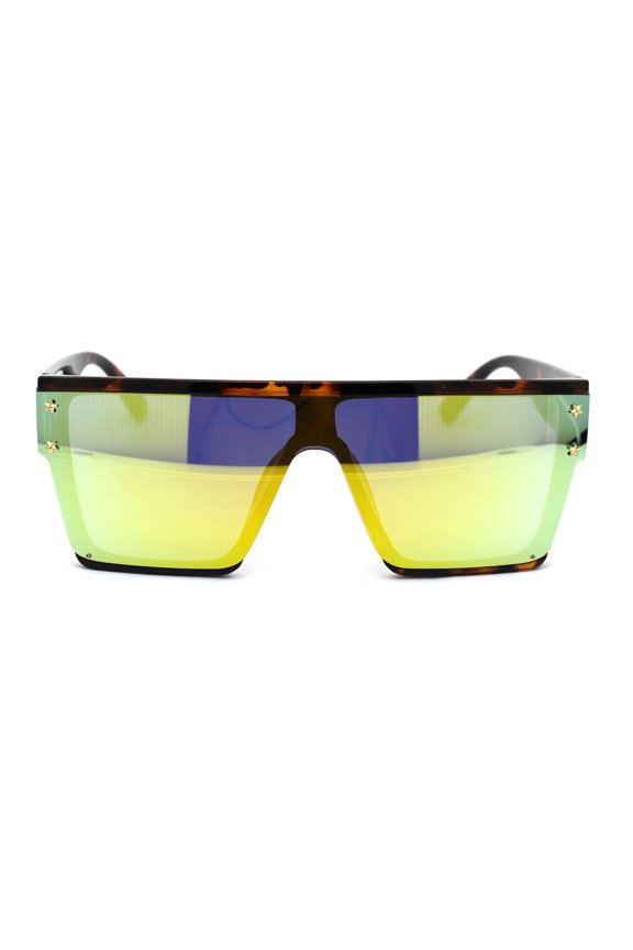 Star Stud Trim Robotic Shield Flat Top Plastic Sunglasses Tortoise Yellow Mirror