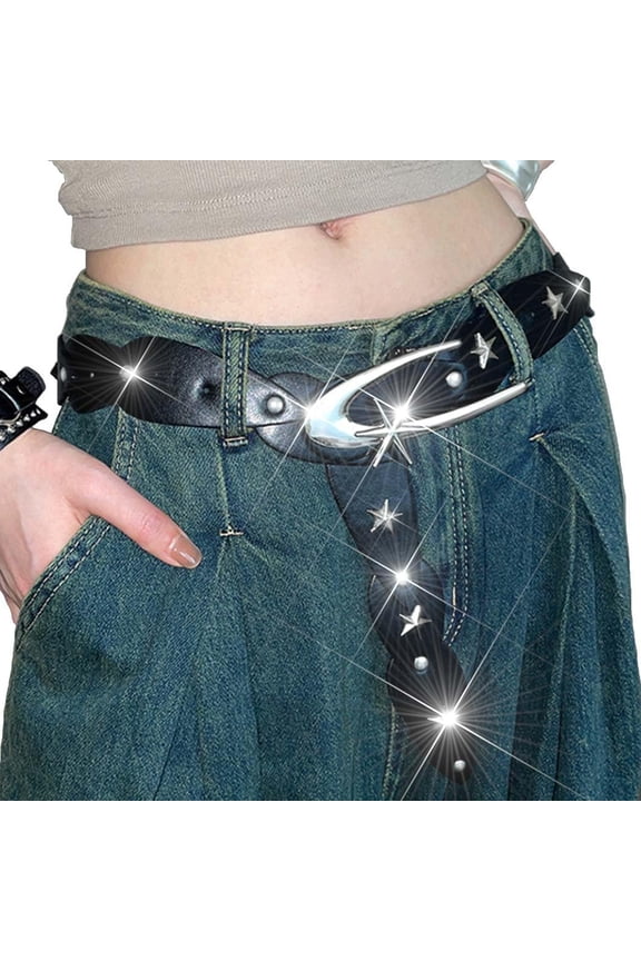 Star Studded Leather Belt Black Fashion Leather Belt Adjustable Belts Y2K Leather Accessories for Women