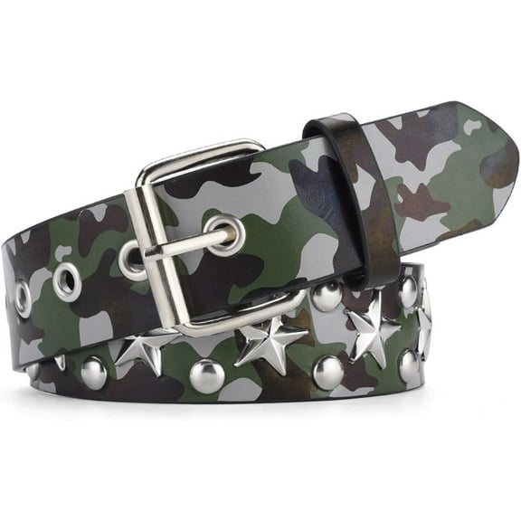 Star Studded Rivet Camouflage Belts Y2K Punk Hip Hop Faux Leather Grommet for Cosplay for Men Women