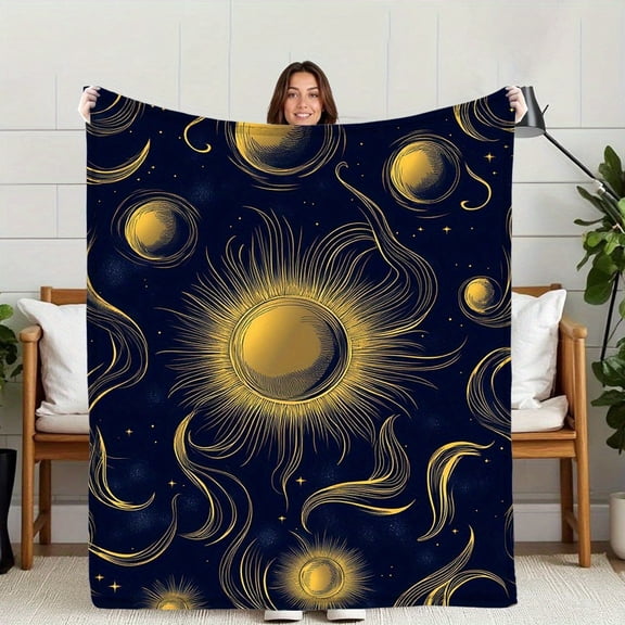 Star & Sun Flannel Blanket - Ultra-Soft Lightweight Throw, Dark Blue & Golden Planet Bedspread for All-Season, Travel, Gift, Machine Washable