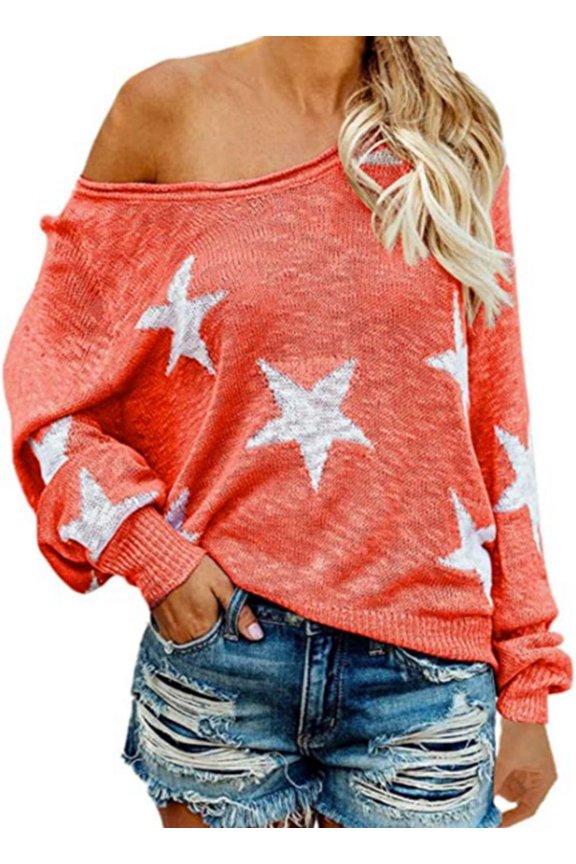 Star Sweater Women Vintage Long Sleeve Knit Sweater Yk2 Star Pattern Crew Neck Casual Pullover Top(A)