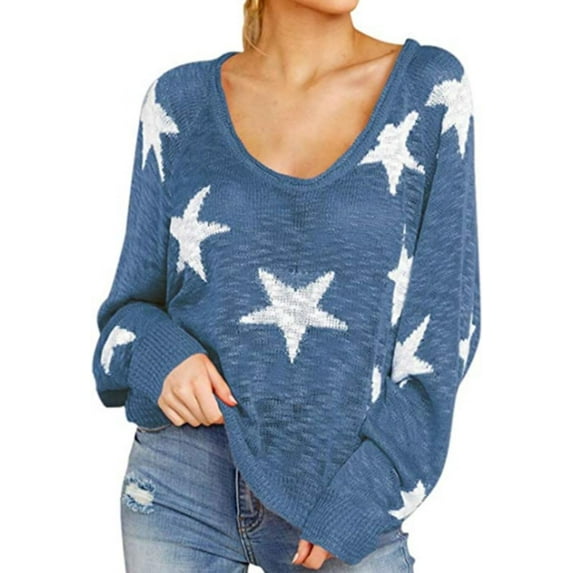 Star Sweater Women Vintage Long Sleeve Knit Sweater Yk2 Star Pattern Crew Neck Casual Pullover Top(A)