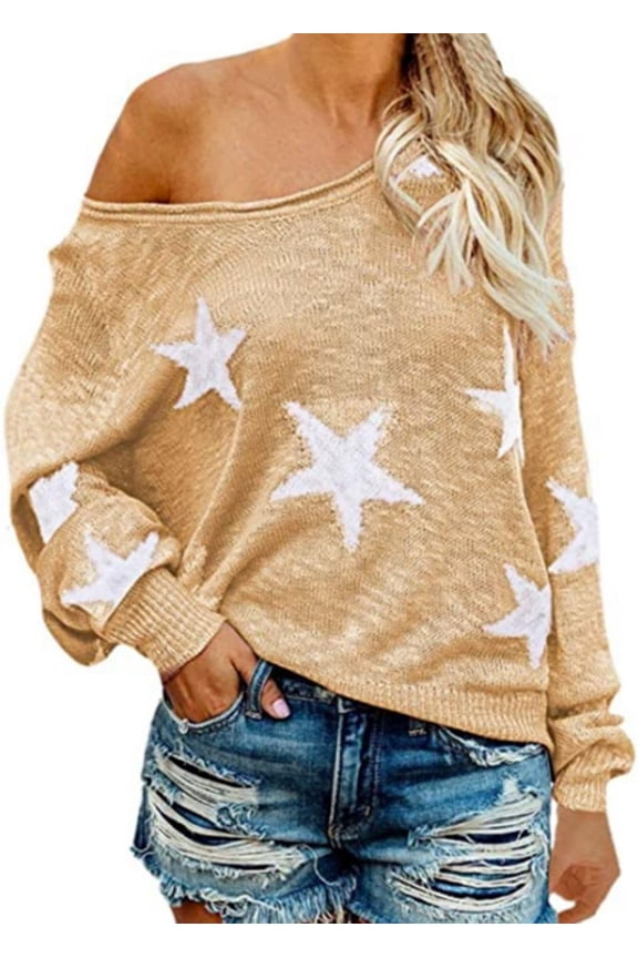 Star Sweater Women Vintage Long Sleeve Knit Sweater Yk2 Star Pattern Crew Neck Casual Pullover Top(A)