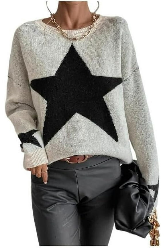 Star Sweater Women Vintage Long Sleeve Knit Sweater Yk2 Star Pattern Crew Neck Casual Pullover Top(B)