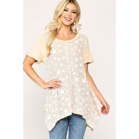 Star Textured Knit Mixed Tunic Top With Shark Bite Hem
