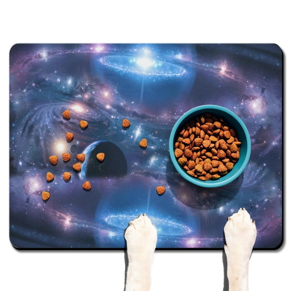 Star Themed Dog Bowl Mat - Absorbent Pet Feeding Mat with Starry Night Sky Design - Non-Slip Waterproof Mat (Space Geek)