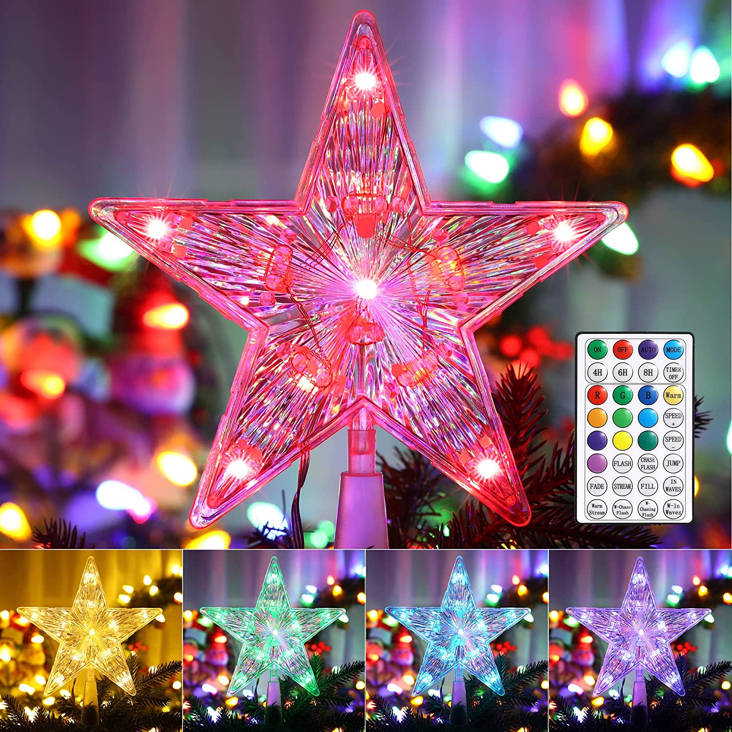 Star Tree Topper, 7.6”, Color Changing LED Christmas Tree Topper