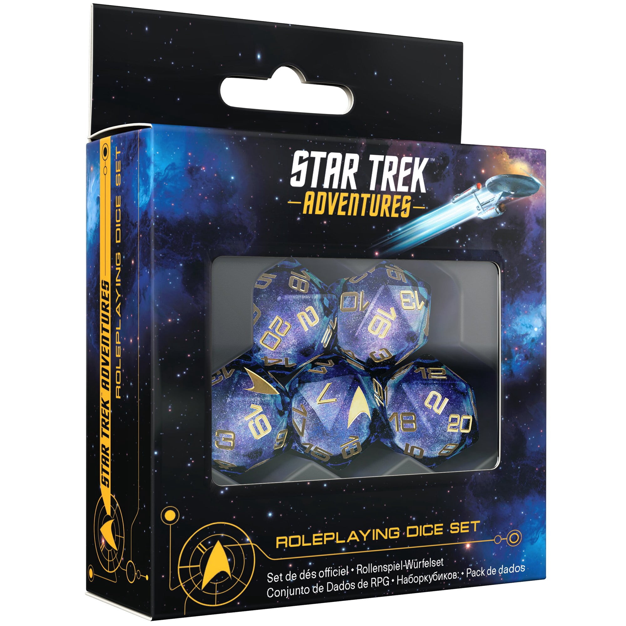 Star Trek Adventures: Second Edition - Roleplaying Dice Set - 5pc d20 RPG Die, Blue Black Starfield Galaxy, Gold Numbers-Icons, Collectible Accessory