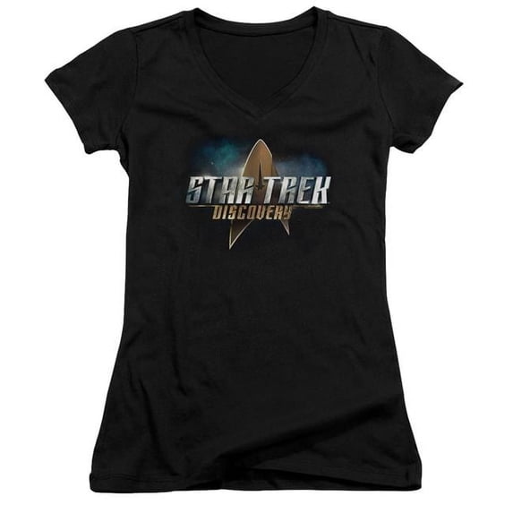 Star Trek Discovery & Discovery Logo Junior V-Neck Cotton T-Shirt, Black - Large