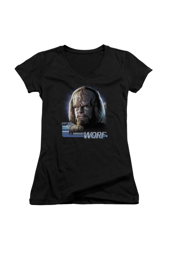 Star Trek Tng Worf Junior Women's V-Neck T-Shirt Black