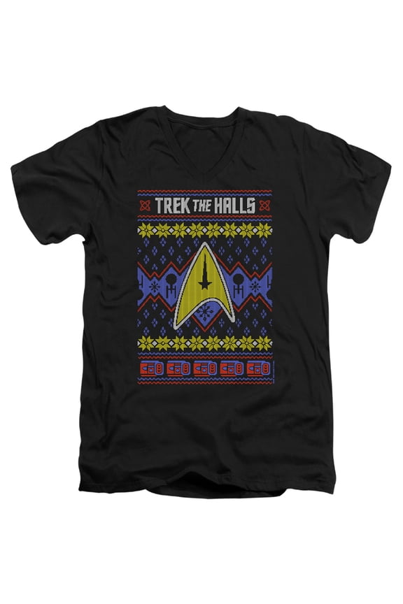 Trek The Halls Ugly Christmas Unisex Adult V-Neck T Shirt,Black, Small