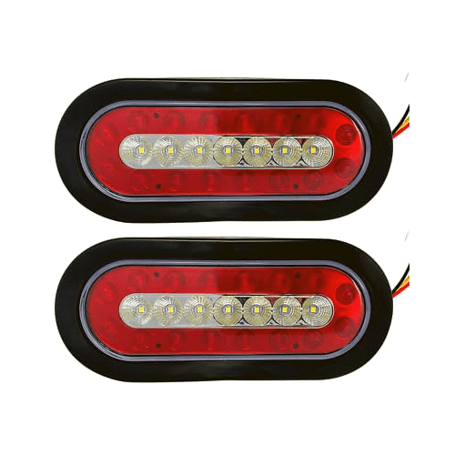 All Star Truck Parts 2Pcs 6.3 inch inch Oval Truck Trailer 23 LED Tail Stop Brake Lights Taillights Running Red White Backup Reverse Lights,Sealed Lights w reflectors Flush Mount Rubber Grommet