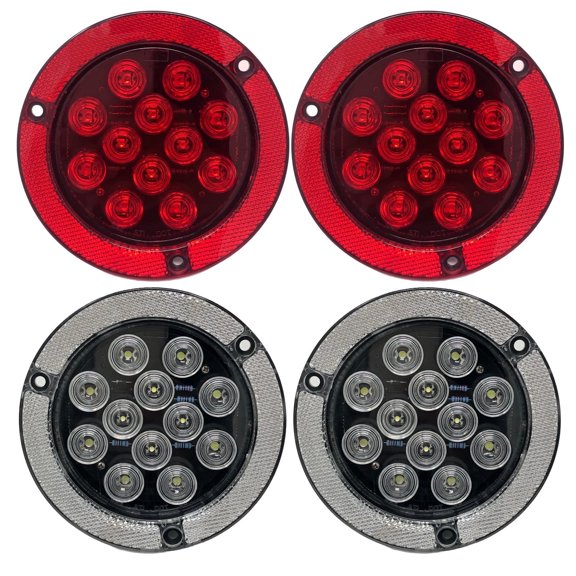 All Star Truck Parts 4" Round 12 LED Stop/Reverse Lights, Reflective Ring, Surface Mount, 3-Wire, 12V 2x Red & 2x White