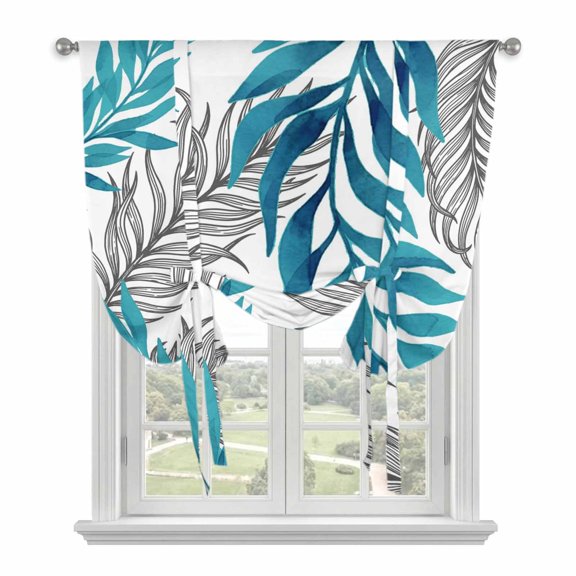 Blue Willow Leaf Tie Up Curtain for Window, Abstract Art Leaves Botanical Lines Farmhouse Adjustable Tie Up Balloon Curtain Valances Rod Pocket Window Treatment for Kitchen Bathroom Bedroom 34"x45"